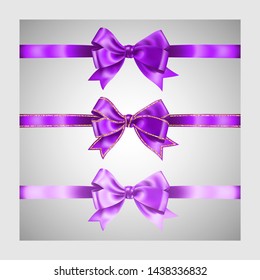 Set of three realistic purple violet silk ribbon bow with gold glitter shiny stripes, vector illustration elements, for decoration, promotion, advetrisment, sale or celebration banner or card.