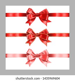 Set of three realistic red silk ribbon bow with gold glitter shiny stripes, vector illustration elements isolated on white, for decoration, promotion, advetrisment, sale or celebration banner or card.