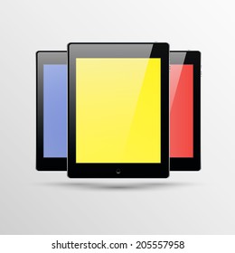 Set of three realistic tablets with blank screens. Isolated on white background. Vector illustration.