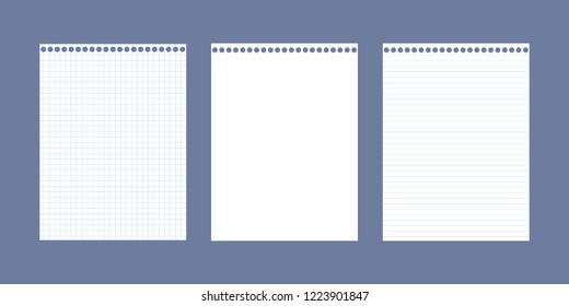 Set of three realistic vector illustration of blank sheets of square and lined paper from a block isolated on background 