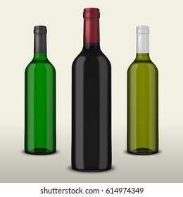 Set of three realistic vector wine bottles without labels isolated on white background. Design template in EPS10.