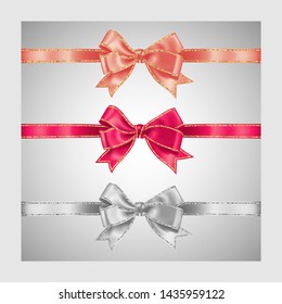 Set of three realistic white, peachy and pink silk ribbon bow with gold and silver glitter shiny stripes, vector illustration for decoration, promotion, advetrisment, sale or celebration banner.