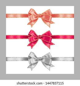 Set of three realistic white, peachy and pink silk ribbon bow with gold and silver glitter shiny stripes, vector illustration for decoration, promotion, advetrisment, sale or celebration banner .