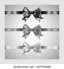 Set of three realistic white,gray and black silk ribbon bow with silver glitter shiny stripes, vector illustration for decoration, promotion, advetrisment, sale or celebration banner or card.