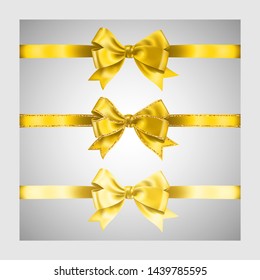 Set of three realistic yellow gold silk ribbon bow with gold glitter shiny stripes, vector illustration elements, for decoration, promotion, advetrisment, sale or celebration banner or card.