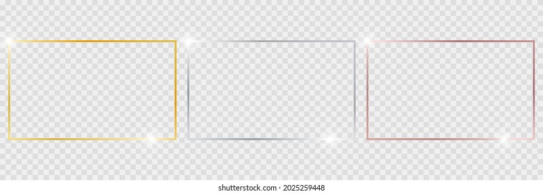 Set of three rectangle frames isolated on transparent background. Gold, silver, rose gold shiny frames. Luxury realistic rectangle border. Decorative elements for branding, card, invitation. Vector