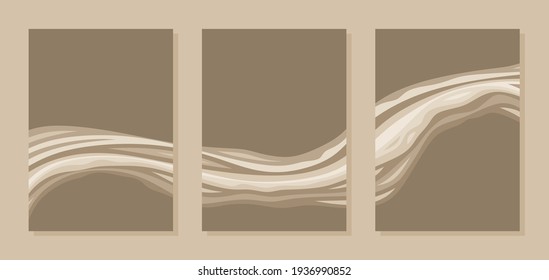 Set of three rectangular abstract paintings. Light beige, dark brown lines, waves, curls. Combined composition of wall paintings, covers, social media posts. Simple style, minimalism. Vector image.