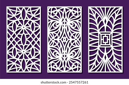 Set of three rectangular panels. Decorative element with a geometric pattern of lines. Openwork ornament. Ratio 2:1. Template for plotter laser cutting of paper, wood carving, metal engraving, cnc.