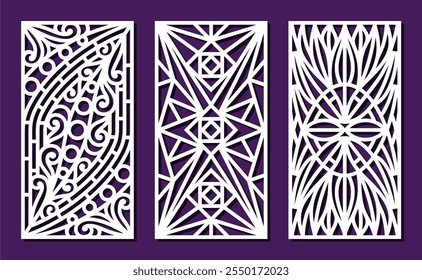 Set of three rectangular panels. Decorative element with geometric pattern, curls, ornament. Template for plotter laser cutting of paper, fretwork, wood carving, metal engraving, cnc. Vector image.