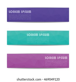 Set of three rectangular web banners with space for text, colorful polygonal pattern of triangles,  design template, vector illustration.