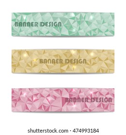 Set of three rectangular web banners with space for text, colorful polygonal pattern of triangles, banner design template, vector illustration.