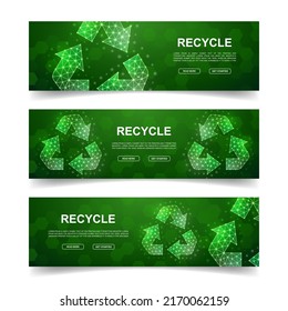 Conjunto de tres banners horizontales de reciclaje. Ilustración horizontal para el diseño de la página principal. Reciclaje de residuos símbolos de polos bajos con puntos conectados