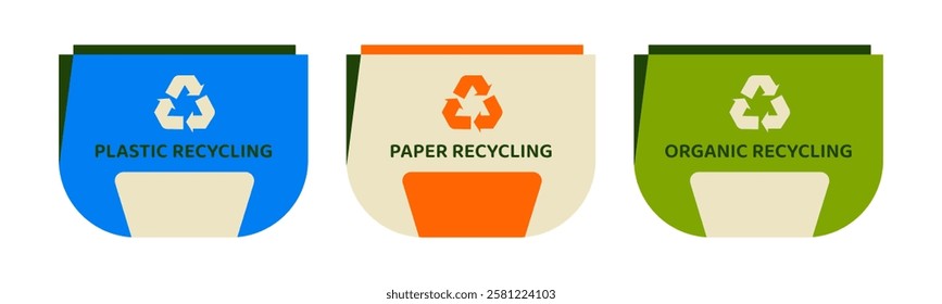 Set of three recycling bins labeled for plastic, paper, and organic waste. A conceptual illustration promoting sustainability, waste management, eco-friendly living through proper recycling practices