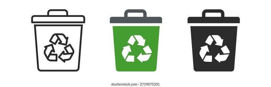 Conjunto de três caixas de reciclagem em várias cores que mostram a gestão de resíduos eco-friendly.