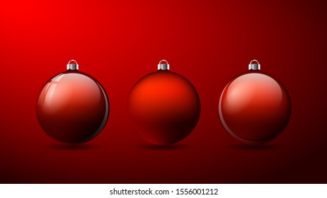 Set of three Red 3D Christmas balls with shadows on a Red background. Vector illustration, eps10.