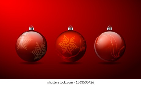 Set of three Red 3D Christmas balls with snowflake pattern and shadows on a Red background. Vector illustration, eps10.