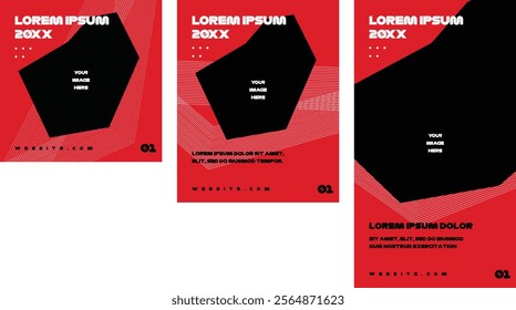 Set of three red black square background online lesson or education social media pack template premium vector