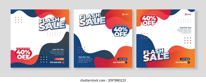 Set of three red blue gradient fluid background of fashion promotion banner social media pack template premium vector