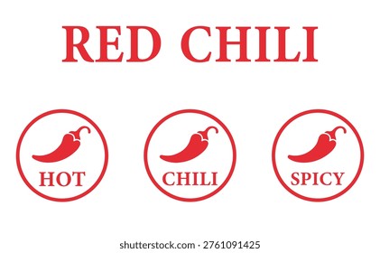A set of three red chili pepper icons in circles labeled hot, chili, and spicy, presented above the text 'RED CHILI' on a clean white background for food labeling.