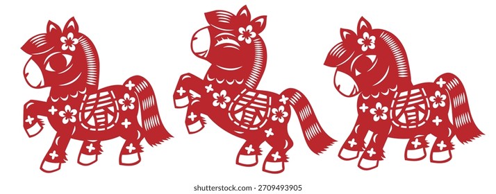 Um conjunto de três cavalos chineses vermelhos cortados em papel Ano do Cavalo em poses adoráveis : dançando, pulando e curvando. O estilo clássico é animado e festivo para as decorações e banners do Ano Novo Lunar.