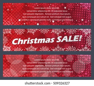 Set of three red christmas banners with space for text. Winter background with snowflakes. Christmas sale frame. Winter template. Christmas frame. Christmas background. Christmas template.