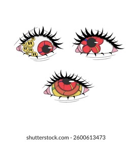 A set of three red eyes, psychedelic stickers, an eye with a flower iris, an eye with emoticons, an eye with a multicolored iris