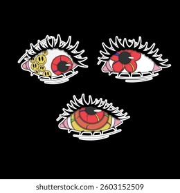 A set of three red eyes, psychedelic stickers, an eye with a flower iris, an eye with emoticons, an eye with a multicolored iris