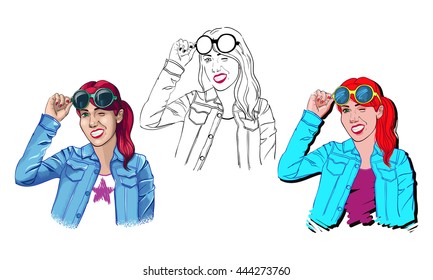 Set of three red hair girls with sunglasses and a jean jacket, sketch illustration girls winks, outline and colored, isolated, EPS 10