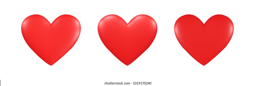Set of three red hearts with different falling light, vector