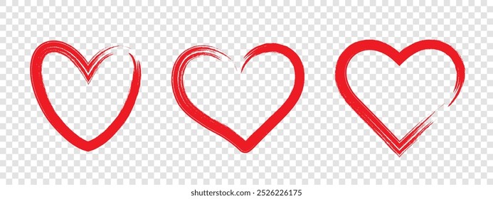 Un conjunto de tres corazones rojos de diferentes Formas sobre un fondo transparente. Los contornos del corazón. Ilustración vectorial.