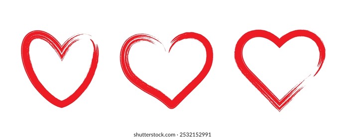 A set of three red hearts of different shapes on a white background. The contours of a red heart. The concept of February 14th. Vector EPS 10.