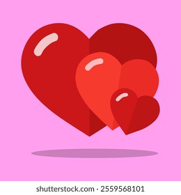 A set of three red hearts of varying sizes, overlapping each other on a pink background. A simple and sweet illustration of love and affection.