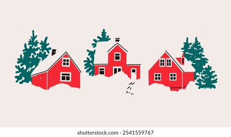 Set of three red Houses in snow and trees. Scandinavian style home. Hand drawn trendy Vector illustration. Isolated design elements. Building, sweet home, real estate, greeting card, winter concept