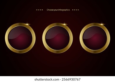 Set of three red luxury vector circular buttons design featuring a rich burgundy red center, enclosed by a shiny gold metallic border. used in banner, button, web UI design, option concept