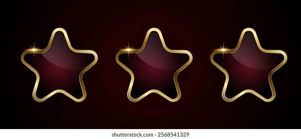 Set of three red luxury vector star buttons design on dark gradient background, three enclosed by a shiny gold metallics border. used in banner, button, web UI design, option concept