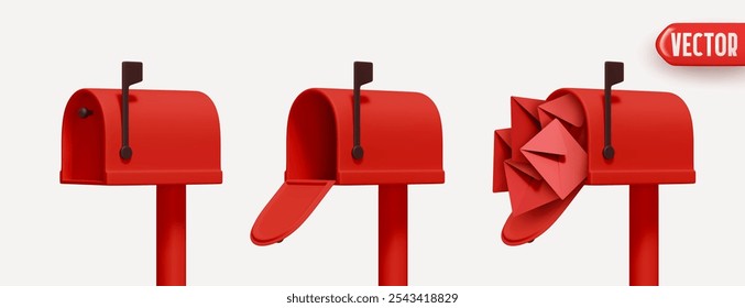 Set of three red mailboxes realistic 3d design, open box, closed and with mail paper envelope isolated on white background. vector illustration
