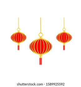 Set of three red paper lantern, chinese lanterus on a white background. Highty realistic illustration.