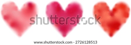 Set of three red and pink bleeding ink watercolor hearts. Vector decorative love sign on white background