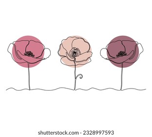 set of three red poppies one continuous line art. Logo beauty salon, cosmetics, spa