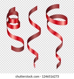 Set of three red shiny curly ribbons on transparent background