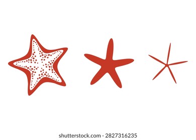 Set of Three Red Starfish Vector Illustrations in Dotted Solid and Line Art Styles