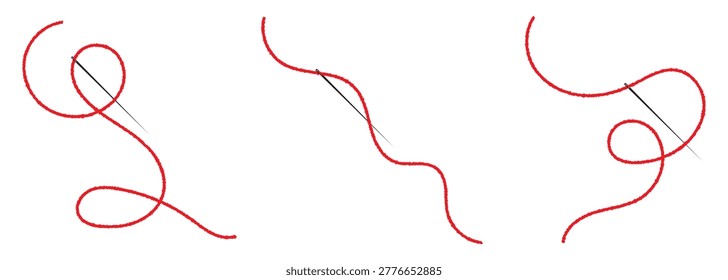Set of three Red threadvector. Red thread looped in a swirl line, symbolizing vector. Line of red yarn, long red thread icon isolated on a white background. EPS 10.