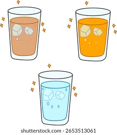 Set of three refreshing iced drinks including coffee, orange tea, and clean water in glass with ice cubes vector illustration

