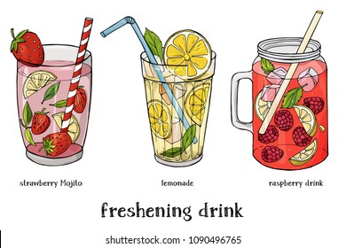 Set of three refreshing summer drinks. Strawberry Mojito, lemonade and raspberry cocktail. Colorful vector illustration in sketch style.