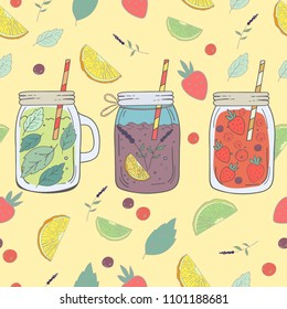 Set of three refreshing summer drinks on yellow seamless background with fruits. Perfect for summer restaurant menus, flyers, BBQ party decoration, student party invitation.