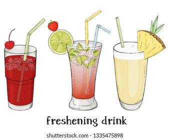 Set of three refreshing summer drinks. Cherry, Mojito and milkshake. Colorful vector illustration in sketch style. For menu, website, cocktail card, advertising.