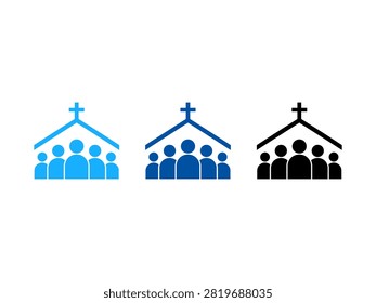 A set of three religious icons representing a church community or congregation with people figures under a chapel roof and cross in blue and black colors.