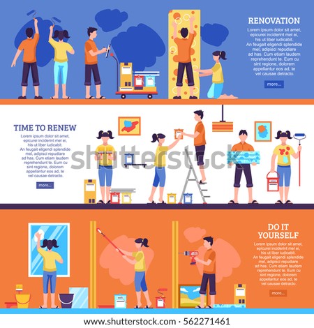 Set of three renovation horizontal banners with maintenance team faceless characters text and read more button vector illustration 