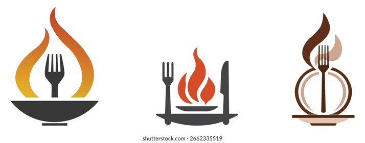 Un conjunto de tres logotipos de restaurantes con un tenedor, cuchillo, plato y llamas. Estos logotipos son perfectos para restaurantes, blogs de comida o negocios culinarios que buscan un diseño moderno y llamativo.
