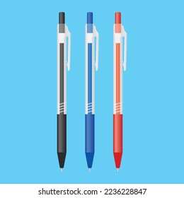 A set of three retractable ball point pen. EPs 10 vector graphic.